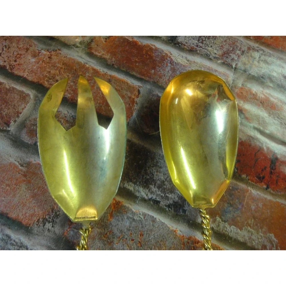 2 lot‎ vintage gold tone large serving spoons twisted wire design made in France